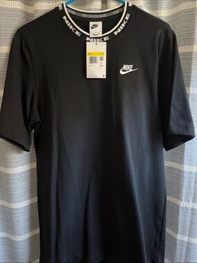 Nike Black Short-Sleeve Crew with White Swoosh and Branded Collar
